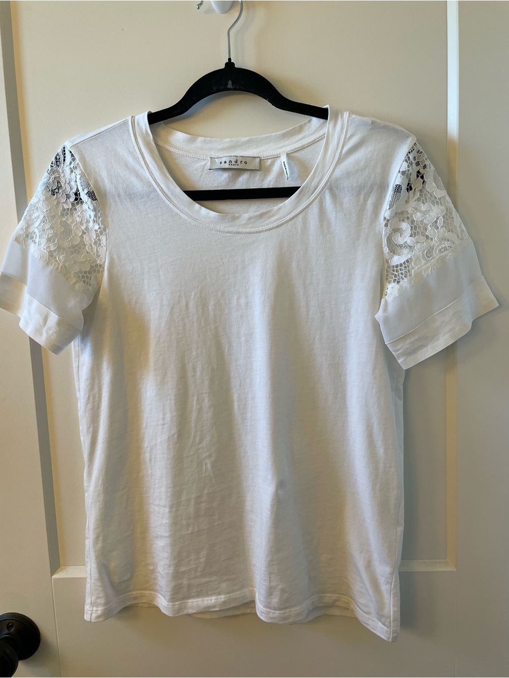 Sandro White Short-Sleeve Tee with Lace Shoulders
